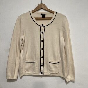 Ann Taylor Women's Large Petite Cotton Career Casual White Black Trim Cardigan
